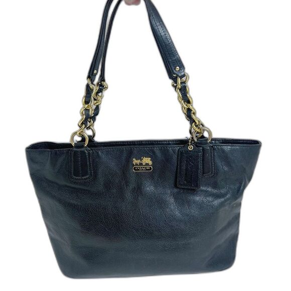 Coach Madison Black Leather Tote Bag Shoulder Bag Gold Chain Purse - Picture 1 of 12